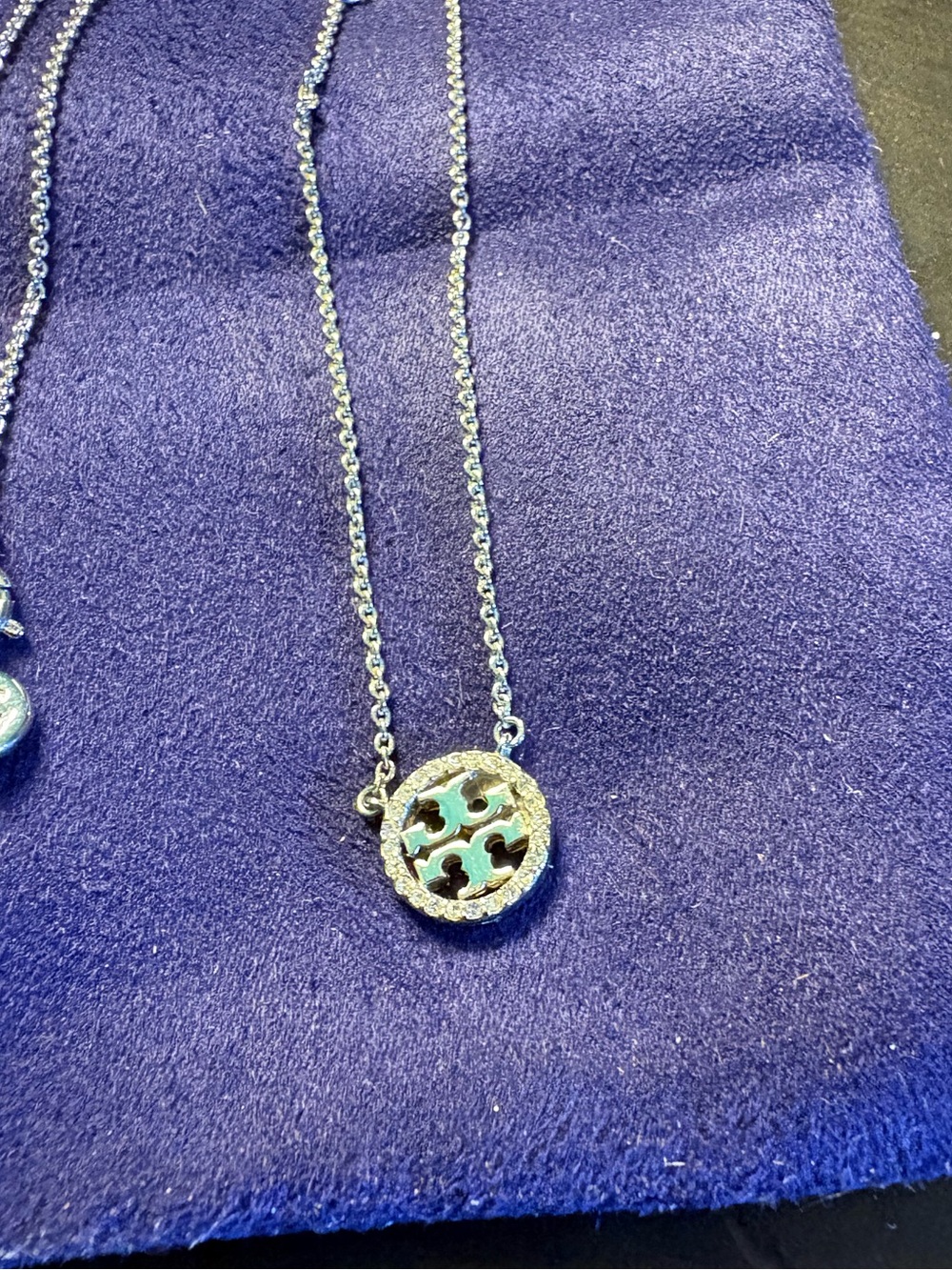 AUTHENTIC Tory Burch Silver Pavé Miller Logo Pendant Necklace NWOT